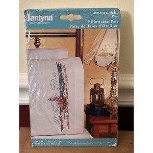 NOS 2004 Janlynn Lighthouse 0210934 Stamped Cross Stitch Pillow Case Pair Kit